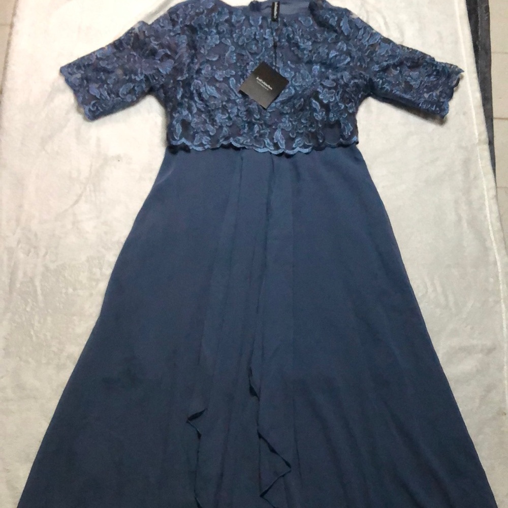 Blue Maxi Gown with Lace Bodice and 3/4 Sleeves